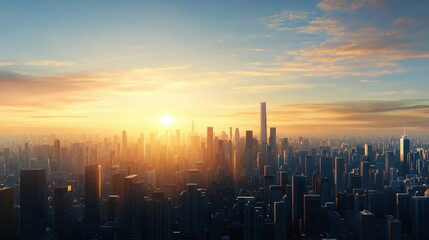 Fototapeta premium A Stunning Cityscape at Sunrise with Golden Light Bathed Skyscrapers and Clear Blue Sky Overlooking Urban Skyline in the Early Morning