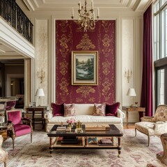 A living room with a red wall and a gold frame. A couch is in the middle of the room. There are two chairs, one on the left and one on the right. A coffee table is in the middle of the room