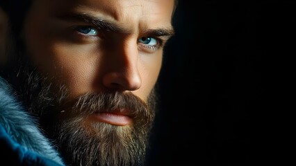 Fototapeta premium A close-up portrait of a man with striking blue eyes and a prominent beard, set against a dark background. Concept Close-Up Portrait, Striking Blue Eyes, Prominent Beard, Dark Background