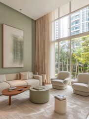 A living room exhibits modern furniture and a large window