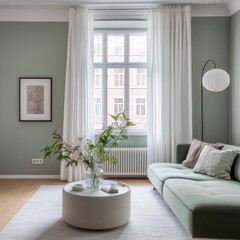 Interior with a round coffee table and plant arrangement