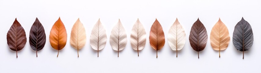 Aesthetic Arrangement of Colorful Natural Leaves on White Background