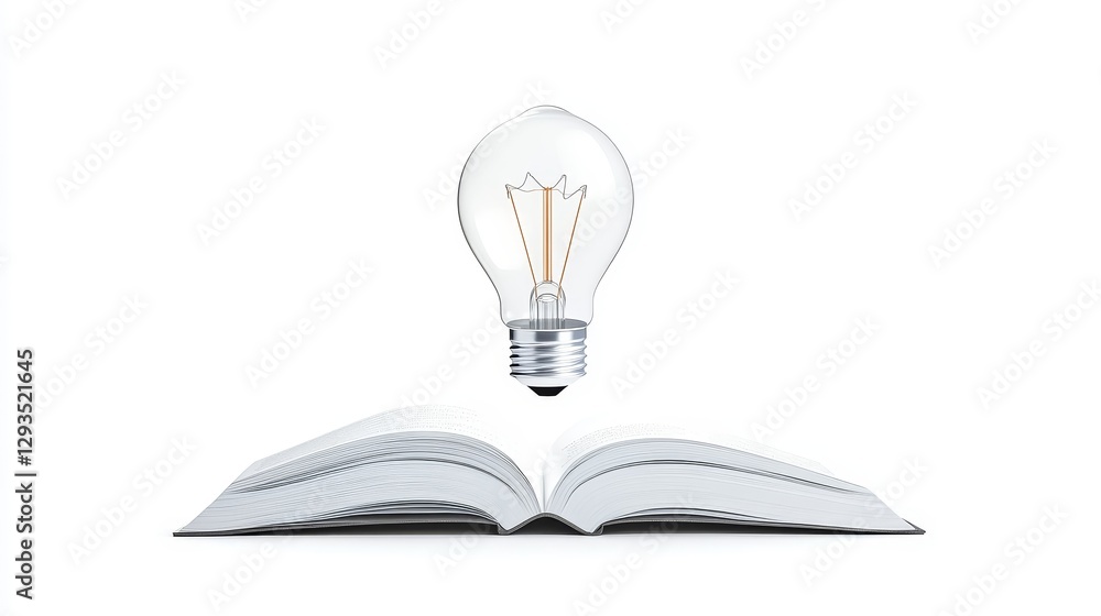 Poster open book with floating light bulb representing ideas and knowledge