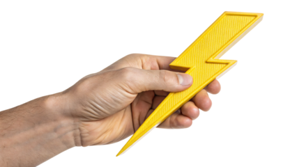 hand holding a yellow thunder symbol isolated on white