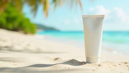 minimalist white plastic tube for cream, sunscreen, shampoo, balm or toothpaste on sandy beach with blurred palm trees and sea background