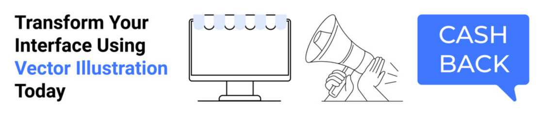 Fototapeta premium Computer monitor with a notepad icon, a megaphone emphasizing announcements, and a Cash Back text box. Ideal for advertising, campaigns, offers, promotions, UI design, marketing strategy flat