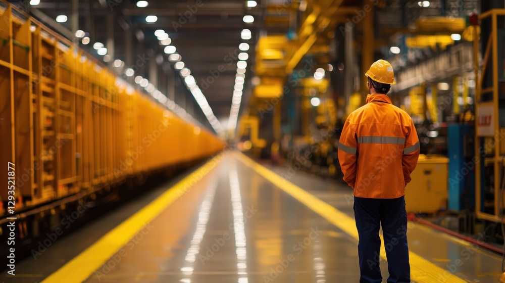 Poster conceptual visualization of high-speed train development with industrial background and focused work