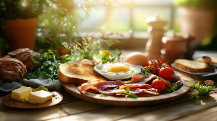 Breakfast spread featuring eggs, bacon, toast, and fresh vegetables in a sunlit kitchen setting