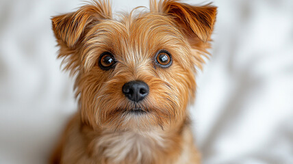 A sweet Yorkshire Terrier puppy gazes intently, its fluffy, golden-brown fur glowing softly against a blurred white background.
