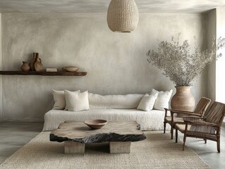 A living room with a coffee table and a vase. The coffee table has a bowl on it. There are two chairs in the room