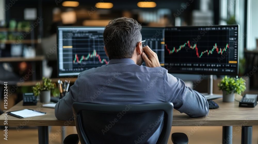 Poster business professional analyzing financial data in modern office with dual monitors displaying charts