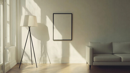 Wohnraum, Wohnen, Modern, Design, Einrichtung, Leben, Wandbild Modern interior with a blank picture frame, floor lamp,