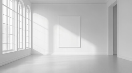 Fototapeta premium Minimalist Studio with Prominent Wooden Frame on Bare White Wall whiteboard background with empty copyspace, generative AI