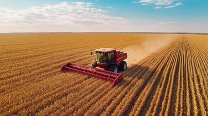 Fototapeta premium Red Combine Harvests Wheat Field. Aerial View of Farming. Agriculture and Food Industry. Grain Production. Rural Landscape. Summer Harvest Season.