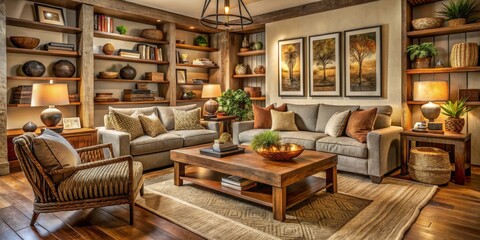 Fototapeta premium Cozy and Elegant Living Room with Stylish Decor and Warm Lighting
