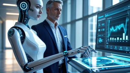 A robot and a business professional collaborate in a sleek office, analyzing graphs and digital data on a large screen, showcasing human-AI teamwork