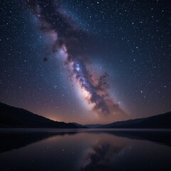 Fototapeta premium The Milky Way stretching across the sky above a tranquil lake, with the stars reflected in the water's surface, vivid nebulae and distant galaxies, and a natural gradient sky. Generative AI