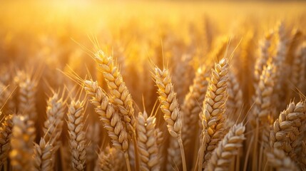 Fototapeta premium Wheat field close up. Golden light shines on ripe grain. Harvest time agricultural scene. Food crop background. Summer wheat growing.