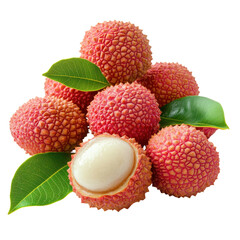 Delicious Lychees with Leaves on transparent background.