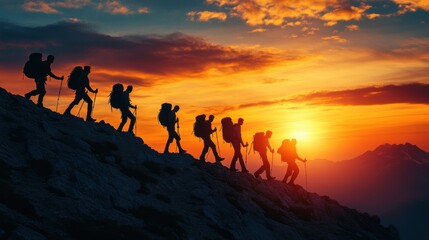 Fototapeta premium Team Climbing on sunset. Hikers Silhouette. Group Walking Mountain. People with Backpacks Hike at Sunset. Adventure and Travel in Nature.