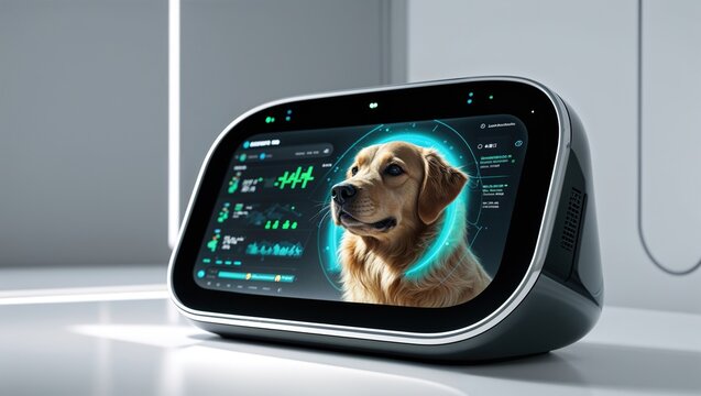 A virtual assistant device displays a golden retriever's image with a tech interface. The setting is sleek and futuristic, showcasing interaction possibilities in pet care and communication