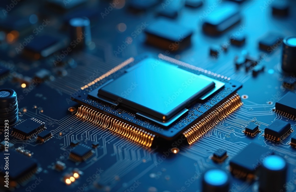 Poster close-up of powerful computer processor on motherboard. modern tech, development of digital technolo