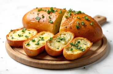 Tasty garlic bread with cheese on wooden plate. Italian appetizer with herbs on toasted bread slices. Delicious snack, breakfast or lunch. Gourmet cuisine with parsley, cooking concept.