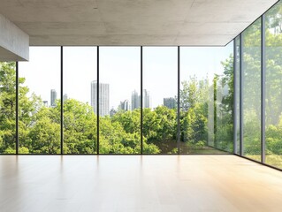 A large room with a view of a city and trees. The room is empty and has a lot of windows