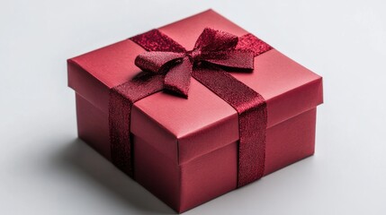 Obraz premium Red gift box with ribbon. Present is ready. Isolated gift box close up. Holiday surprise on white. Celebration object.