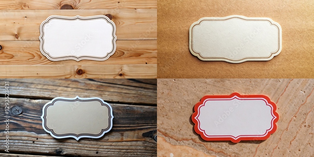 Poster four different shapes of white and brown labels with a red border. the labels are placed on a wooden