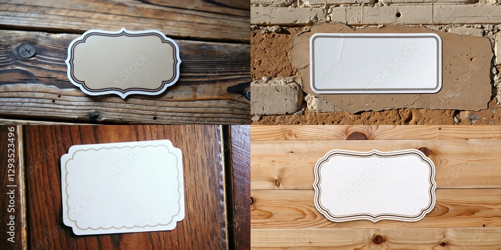 Poster four different shaped signs with a white background. the first sign is a rectangle with a gold borde