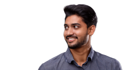 Close-up portrait of a handsome man with a happy smile looking to the left sideways in studio