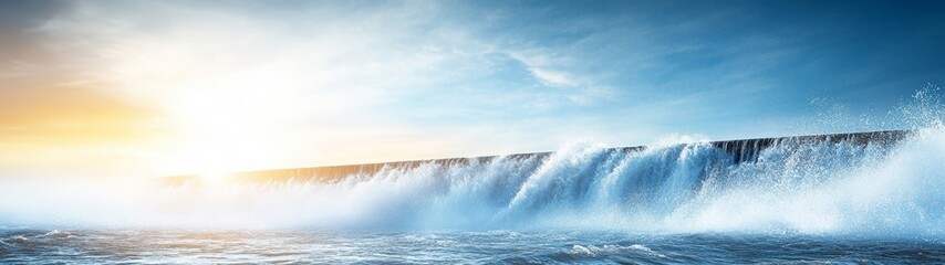 Waves Crash Against Jetty Under Bright Blue Sky at Sunset