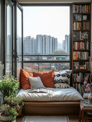 A cozy reading nook with pillows and a city view