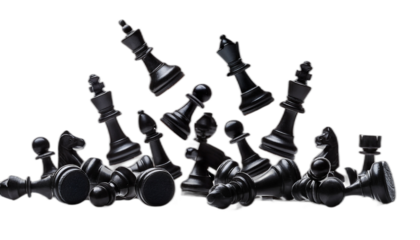 Falling black chess pieces isolated on transparent background
