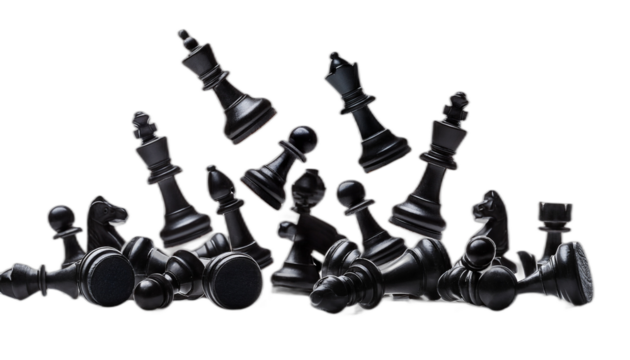 Falling black chess pieces isolated on transparent background