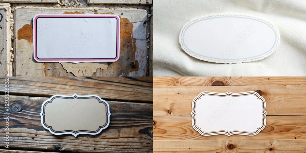 Poster a collection of four different shaped tags, all of which are white. the tags are placed on a wooden 