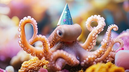Ideal for celebrating entertaining aquatic themes and ocean experiences, this cheerful octopus is sporting a party hat