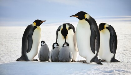 Fototapeta premium Emperor Penguins with Chicks in Snowy Antarctica A Heartwarming Scene of Family Bonding amidst Frosty Landscape, Radiating Serenity and Beauty
