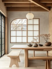Interior scene shows a wooden dining table and bench