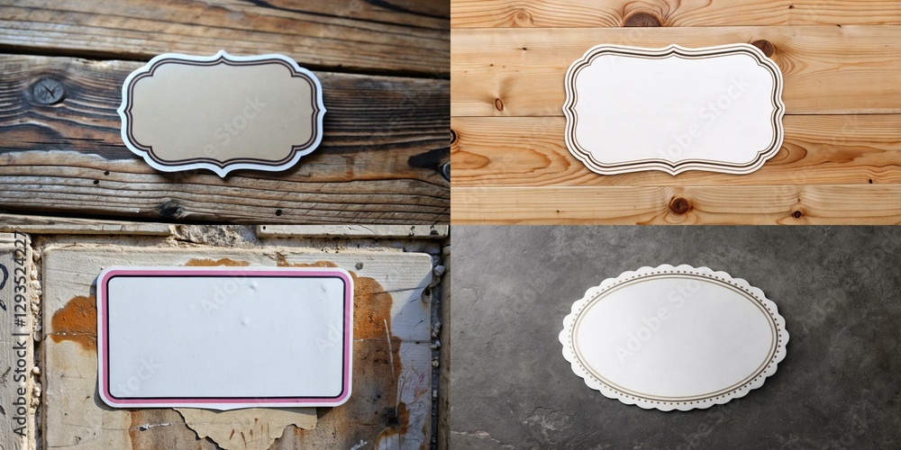 Poster four different shaped signs with a white background. the first sign is a rectangle with a pink borde