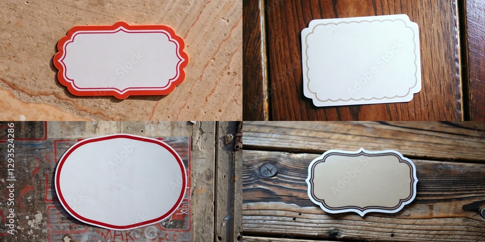 Poster four different shaped tags with a white background. the tags are square, oval, and rectangular. the 