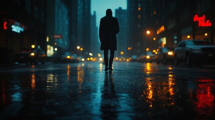 A lonely city street at night, illuminated by dim, eerie lights, with rain falling softly and creating a quiet, melancholic atmosphere, evoking solitude and mystery on the deserted urban streets.