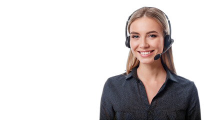 Smiling call center operator with headset looking straight ahead