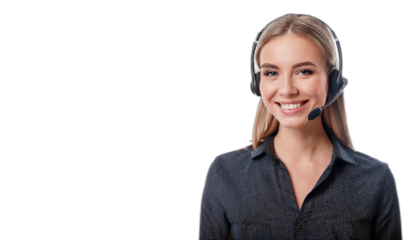 Smiling call center operator with headset looking straight ahead