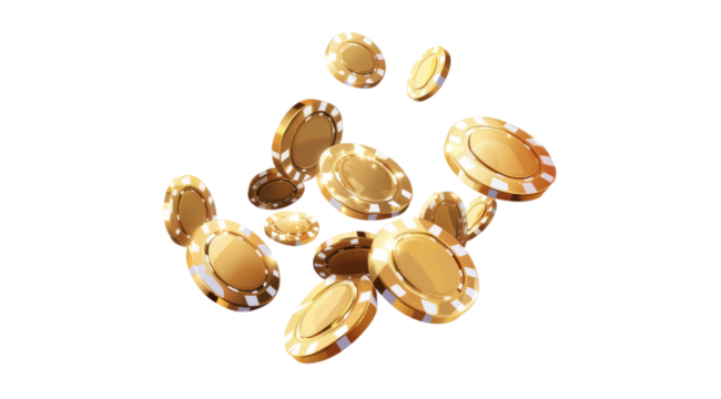 Golden casino chips falling, cut out