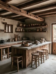 Rustic kitchen with wood beams and stone counters and stools