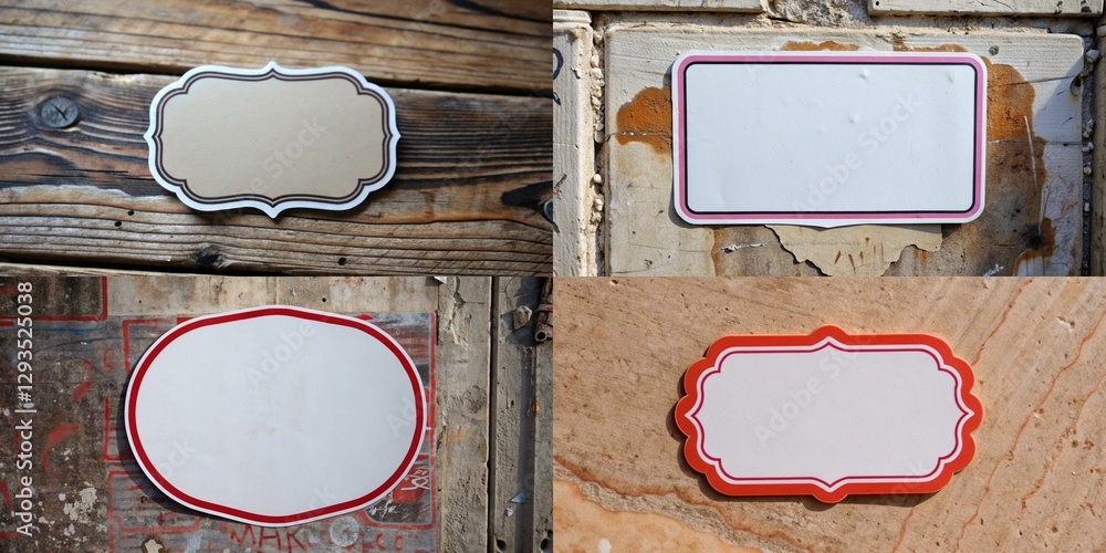 Poster four different shaped stickers with a white background. the stickers are all different shapes and si