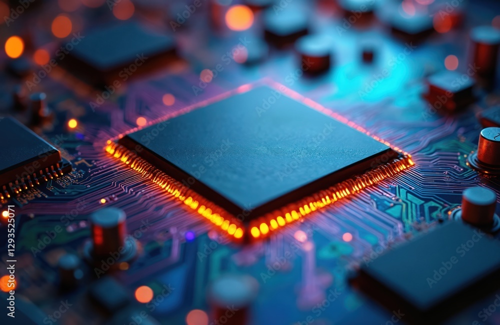 Poster macro photo of illuminated tech processor. computer hardware microchip motherboard circuit board dig