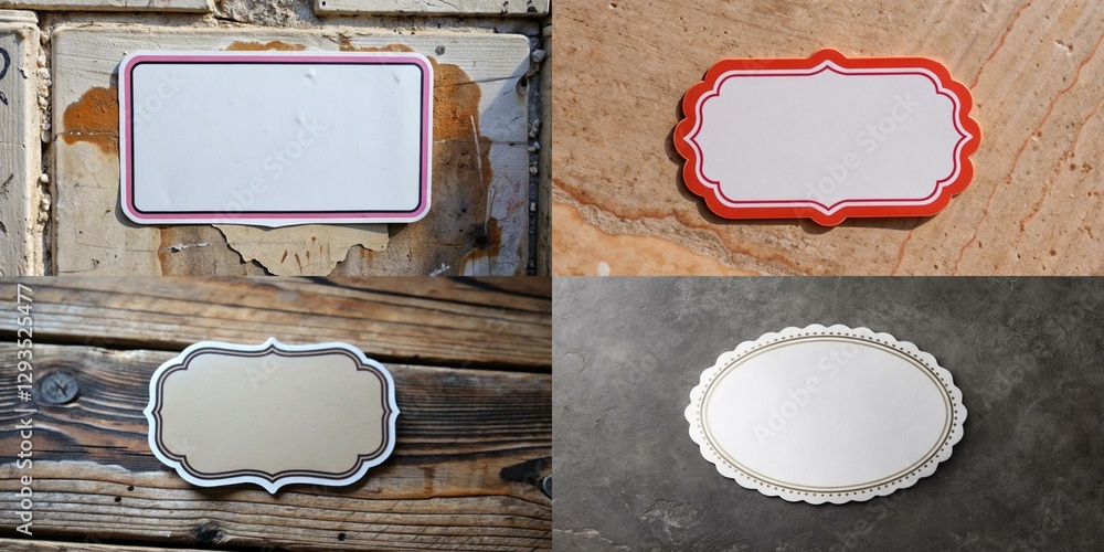Poster four different shaped signs with a white background. the signs are all different shapes and sizes. t